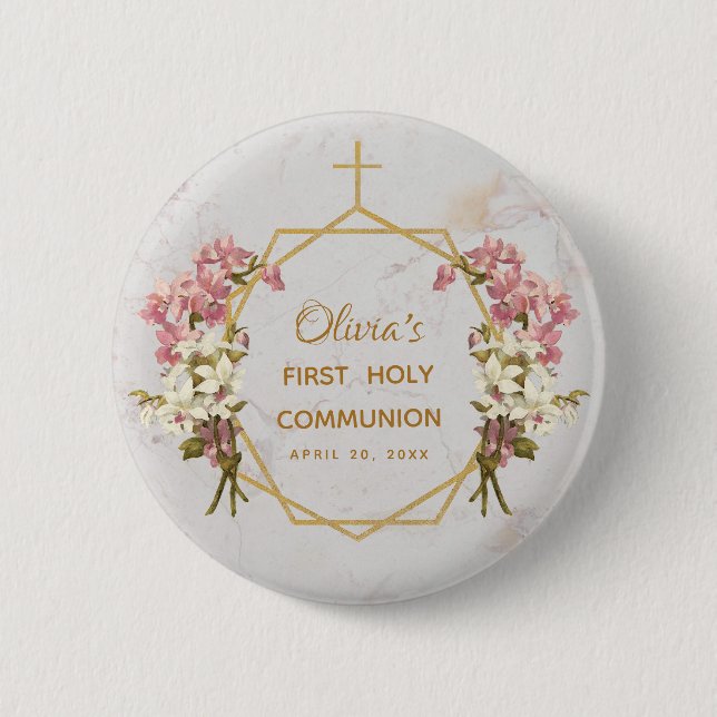 Badge Rond 5 Cm Première Communion Fleurs en Marbre Doré Orchidées (Devant)
