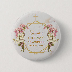 Badge Rond 5 Cm Première Communion Fleurs en Marbre Doré Orchidées