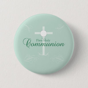 Badge Rond 5 Cm Première Communion sainte, Script en vert tendre