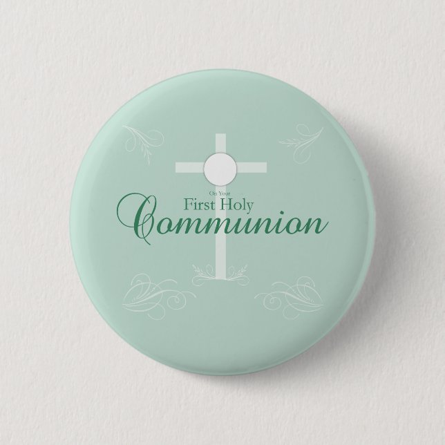 Badge Rond 5 Cm Première Communion sainte, Script en vert tendre (Devant)