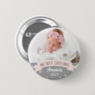 Badge Rond 5 Cm Première photo de Noël Blush rose Baby Girl