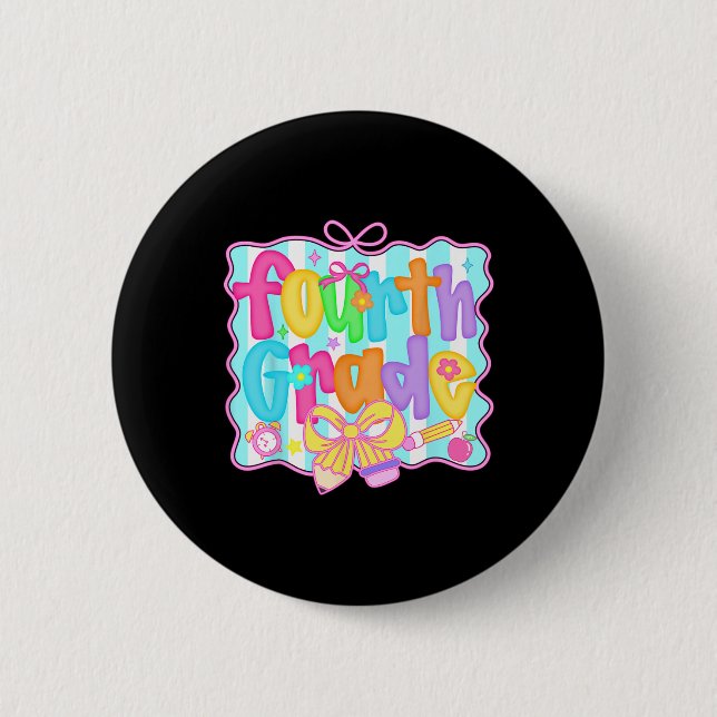 Badge Rond 5 Cm Preppy Back To School 4th Grade Coquette Bow Girls (Devant)