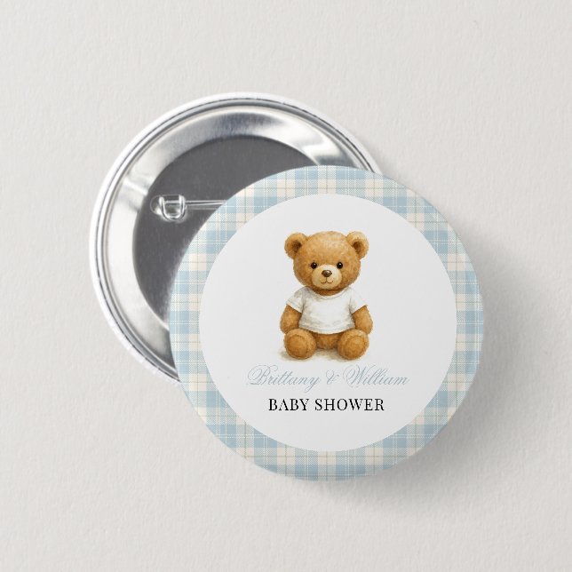 Badge Rond 5 Cm Preppy Bear Designer Blue Plaid Baby shower (Devant & derrière)