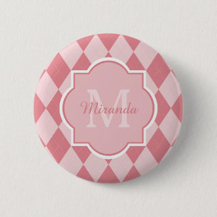 Badge Rond 5 Cm Preppy Jacquard rose clair fille Monogramme et nom