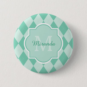 Badge Rond 5 Cm Preppy Mint Green Jacquard Girly Monogramme et nom
