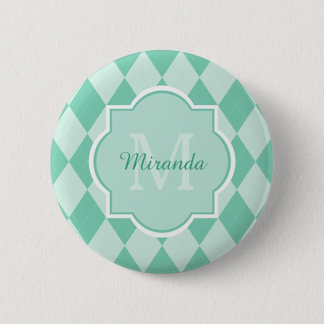 Badge Rond 5 Cm Preppy Mint Green Jacquard Girly Monogramme et nom (Devant)