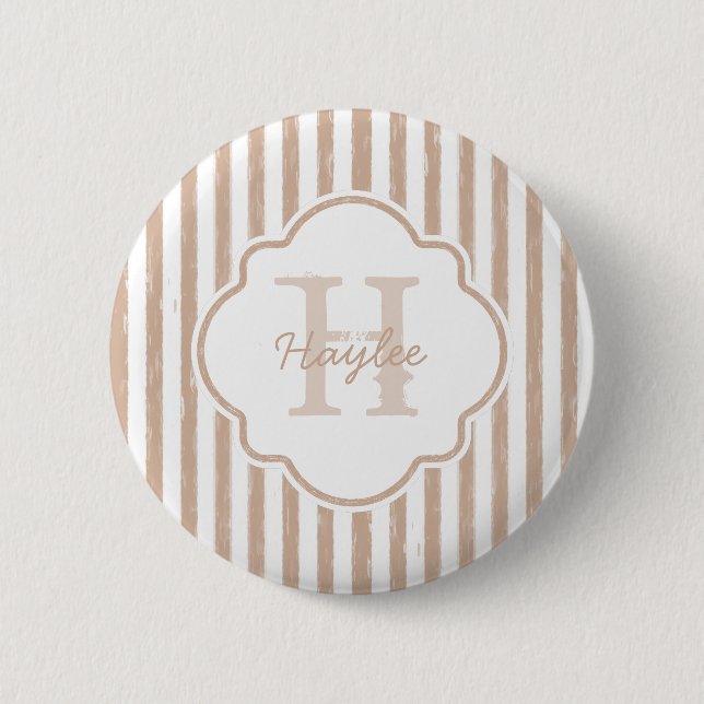 Badge Rond 5 Cm Preppy Tan Peint Stripes Monogramme et nom (Devant)