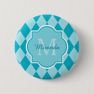 Badge Rond 5 Cm Preppy Turquoise Jacquard Girly Monogramme et nom