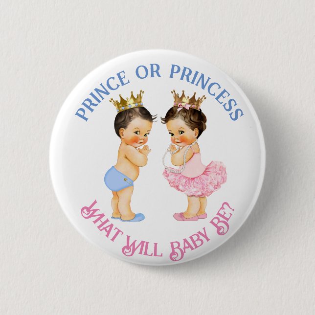 Badge Rond 5 Cm Prince ou Princesse Genre Révéler Rose Bleu Or (Devant)