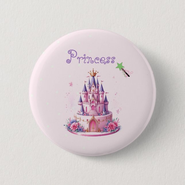 Badge Rond 5 Cm Princess Pink Castle Cake and Wand (Devant)