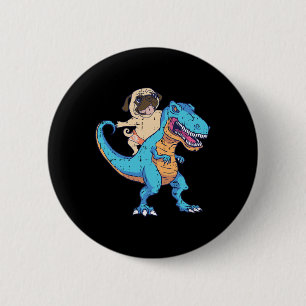 Badge Rond 5 Cm Pug montant un T-rex en surfant Dinosaur Fun Amour