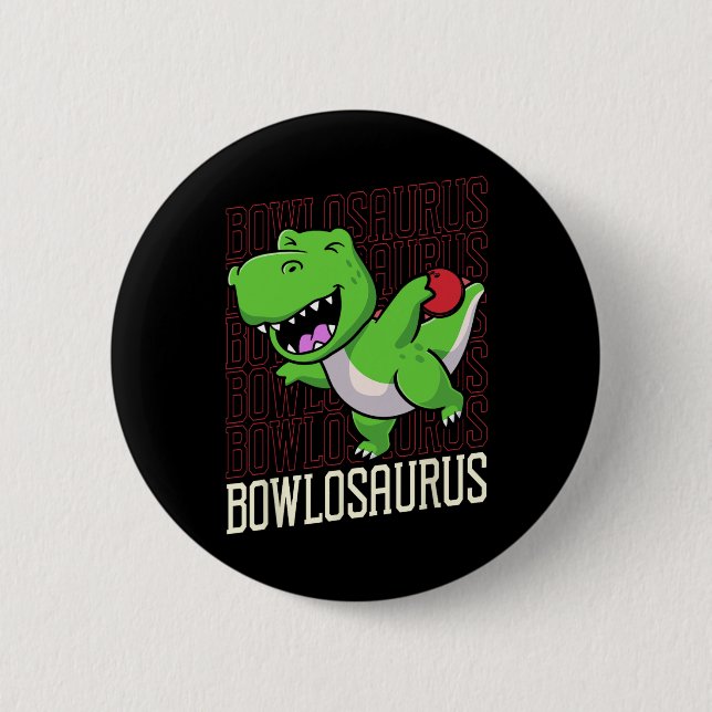 Badge Rond 5 Cm Pun de Bowling T-rex Dinosaur Bowlosaurus 1 (Devant)