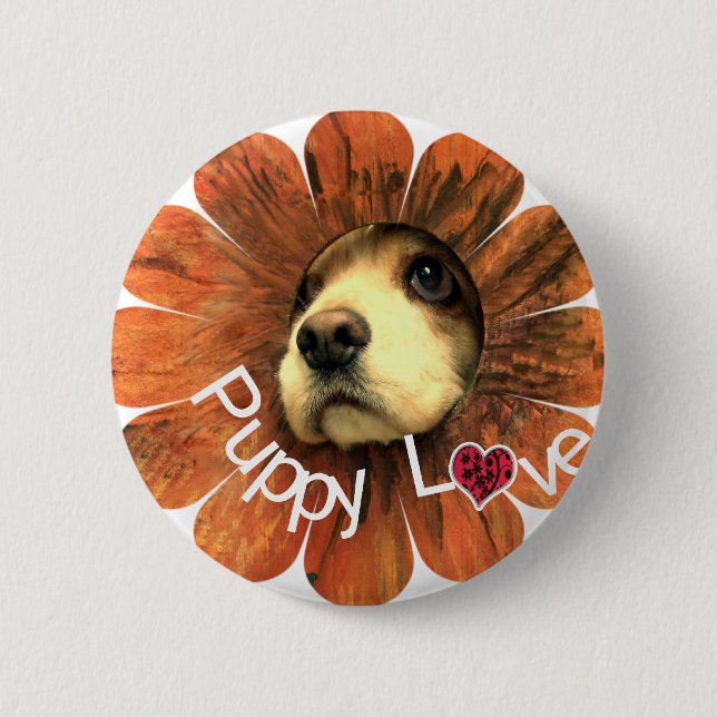Badge Rond 5 Cm Puppy Love Peeking d'une fleur (Devant)