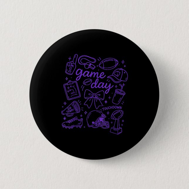 Badge Rond 5 Cm Purple Coquette Bow Cheer Game Day Doodle Touchdow (Devant)