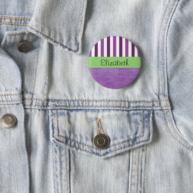 Badge Rond 5 Cm Purple Damask, Purple Stripes, Stripe, Votre Nom (En situation)