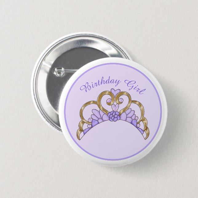 Badge Rond 5 Cm Purple et or Tiara Anniversaire fille Pin (Devant & derrière)
