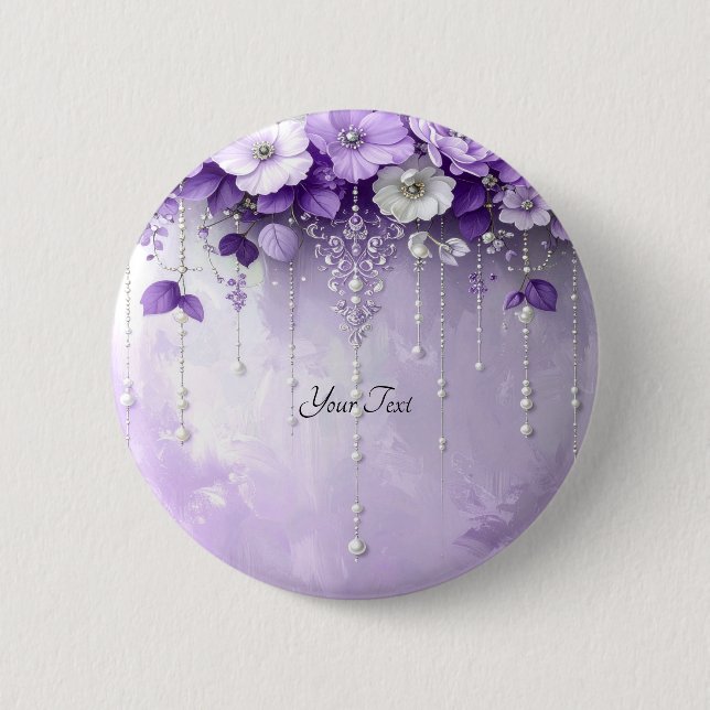 Badge Rond 5 Cm Purple Flowers with Dangling Pearls Button (Devant)