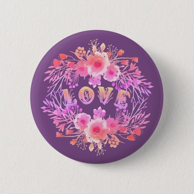 Badge Rond 5 Cm Purple LOVE dans l'aquarelle Fleurs (Devant)