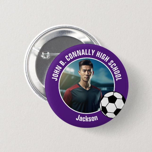 Badge Rond 5 Cm Purple Soccer Player Photo High School Spirit (Devant & derrière)