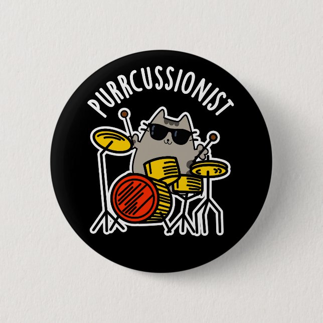 Badge Rond 5 Cm Purr-cussionniste Funny Drummer Cat Pun Dark BG (Devant)
