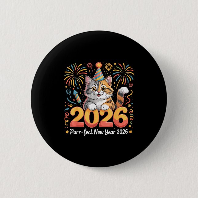 Badge Rond 5 Cm Purrfect New Year 2026 Cute Cat Fireworks Celebrat (Devant)