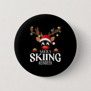 Badge Rond 5 Cm Pyjama de Noël drôle du renne qui skie du Père Noë