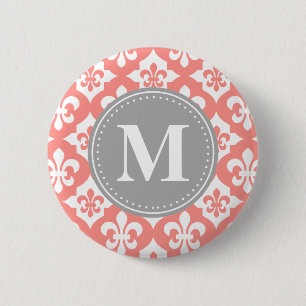 Badge Rond 5 Cm Quatrefoil Fleur-De-Lis Coral Gris Rose Monogramme