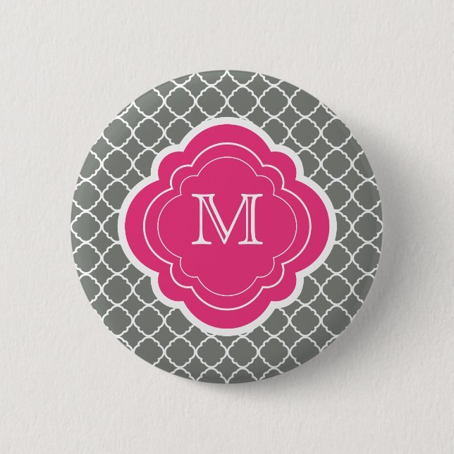 Badge Rond 5 Cm Quatrefoil gris avec monogramme rose (Devant)