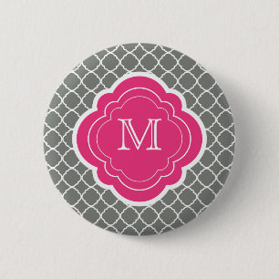Badge Rond 5 Cm Quatrefoil gris avec monogramme rose