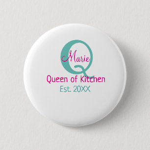 Badge Rond 5 Cm Queen of cuisine monogramme vert rose simple minim