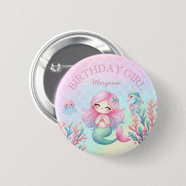 Badge Rond 5 Cm Queue de sirène sarcelle rose Fille Anniversaire (Devant & derrière)