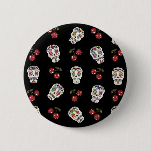 Badge Rond 5 Cm RAB Rockabilly Sugar Skulls Cherries On Black