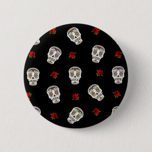 Badge Rond 5 Cm RAB Rockabilly Sugar Skulls Roses sur fond noir