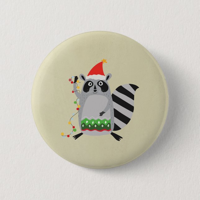 Badge Rond 5 Cm Raccoon À Santa Hat Tangé Dans Les Lumières De Vac (Devant)