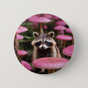 Badge Rond 5 Cm Raccoon et champignons
