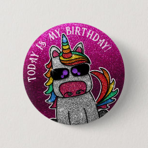 Badge Rond 5 Cm Rainbow Unicorn Parties scintillant rose Aujourd'H