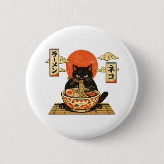 Badge Rond 5 Cm Ramen au chat noir estampe japonaise vintage