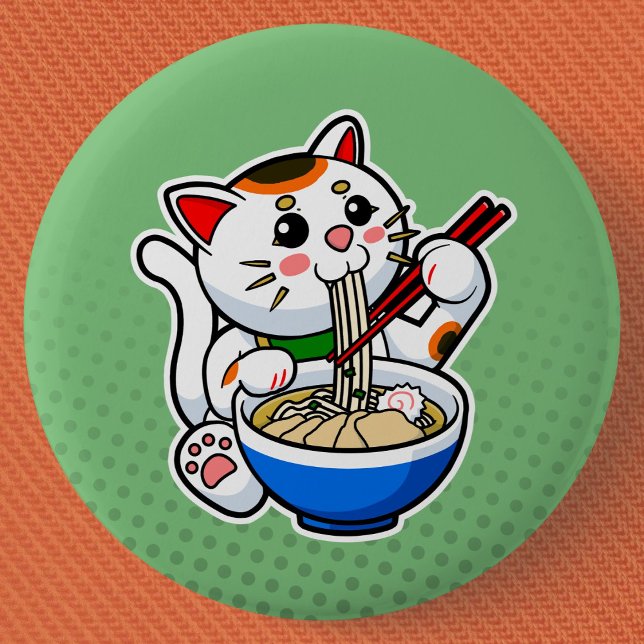 Badge Rond 5 Cm Ramen Chat Chinois (Lucky Cat Ramen Can Badge- Detail View)