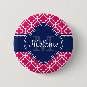 Badge Rond 5 Cm Raspberry Rose Wht Marocain Motif Marine Monogramm