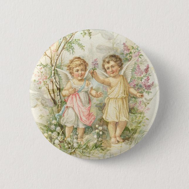 Badge Rond 5 Cm Rassemblement - deux anges recueillant des fleurs (Devant)