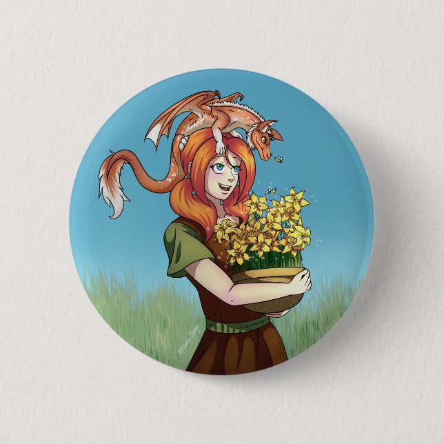 Badge Rond 5 Cm Rassembler les fleurs avec un dragon (Devant)