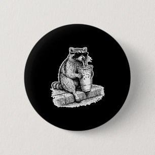Badge Rond 5 Cm Raton laveur buvant du café glacé trash panda drôl