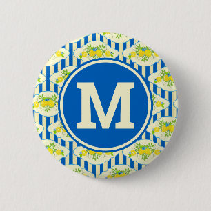 Badge Rond 5 Cm Rayures Bleues et Motif de Citrons et de Feuilles