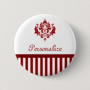 Badge Rond 5 Cm Rayures rouges et blanches classiques et nom de
