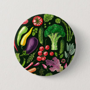 Badge Rond 5 Cm Récolte de légumes et d'herbes sur le noir