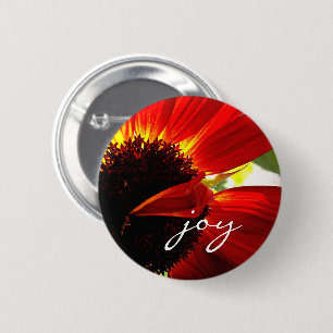 Badge Rond 5 Cm Red Gerbera Daisy Photo Joie Script Bold Modern