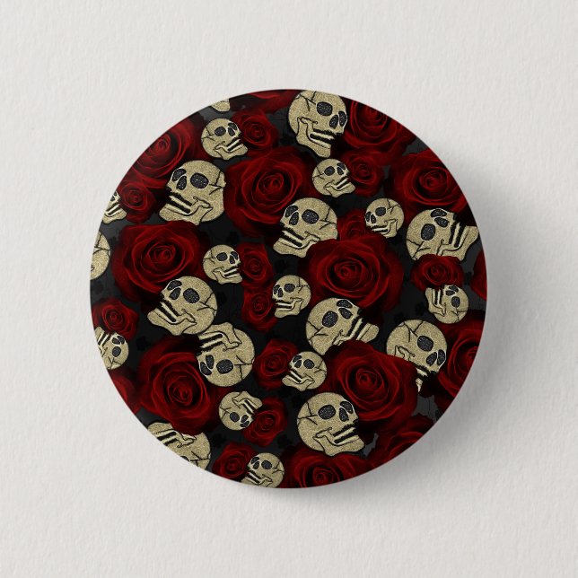 Badge Rond 5 Cm Red Roses & Skulls Grey Black Floral Gothic (Devant)