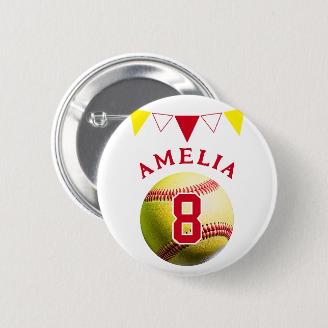Badge Rond 5 Cm Red Softball Ball Bunting drapeaux Anniversaire de (Devant & derrière)