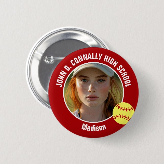 Badge Rond 5 Cm Red Softball Player Photo High School Spirit (Devant & derrière)