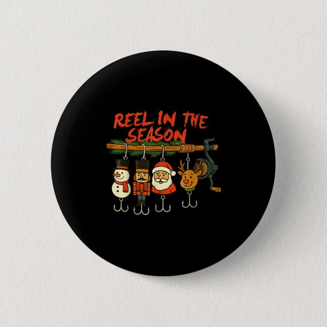 Badge Rond 5 Cm Reel In The Season Fishmas Santa Fishing Fisherman (Devant)